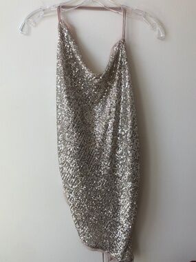 ZARA - Nude Tank w/ Silver Sequins - Strappy Backless - Angled Bottom New w/ Tag